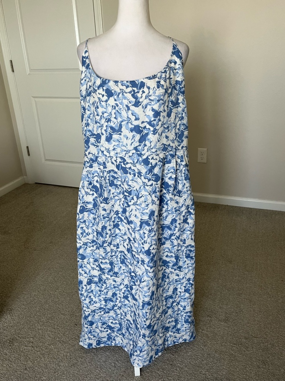 Like New Quince 100% European Linen Blue & White Floral Midi Dress Size XL - Picture 7 of 16